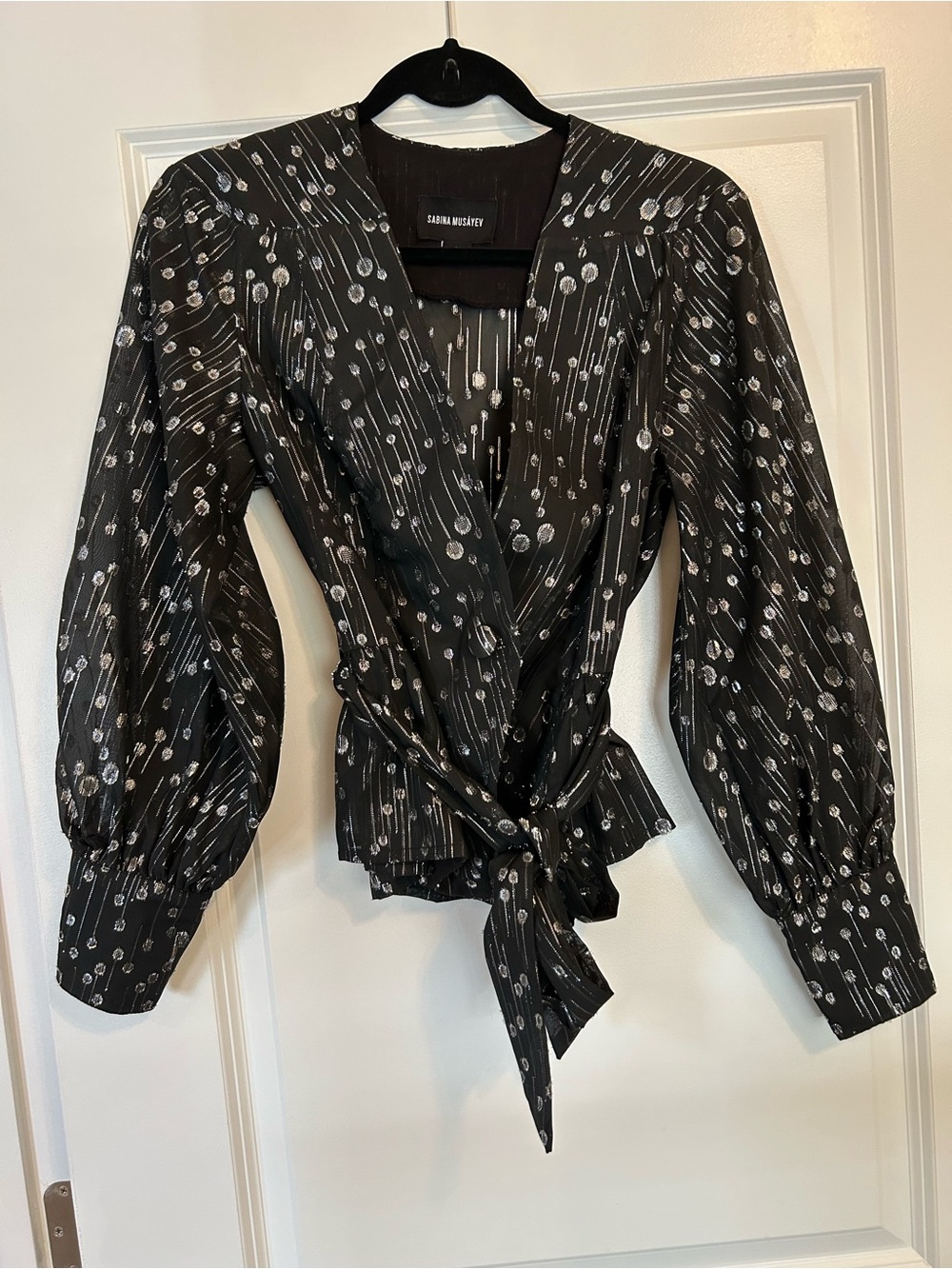 Sabina Musayev Black Blouse with Metallic Silver Print